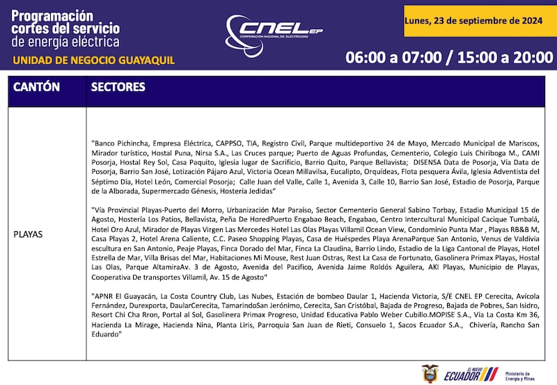 Así quedan los horarios de cortes de luz para Guayaquil