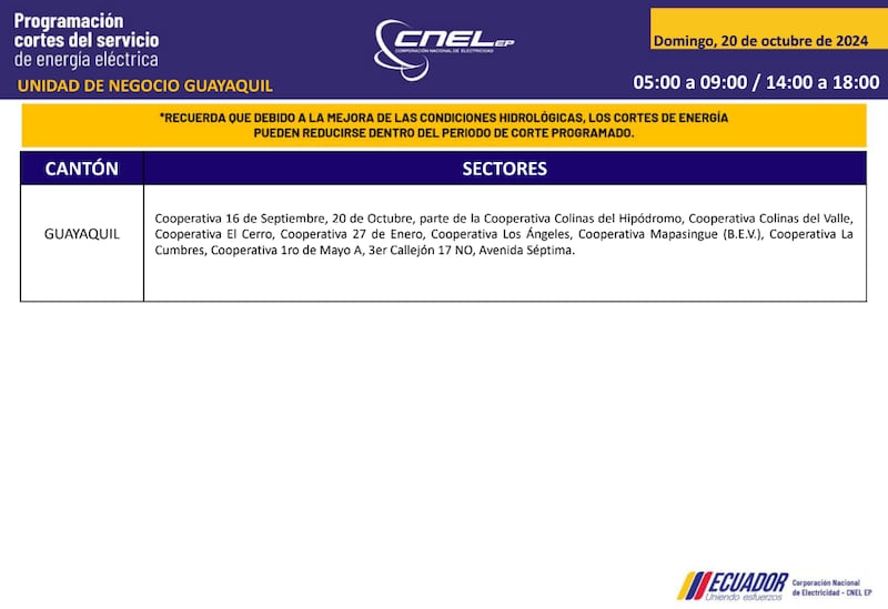 Guayaquil: horarios de cortes de luz para este sábado 19 y domingo 20 de octubre. Imagen: CNEL