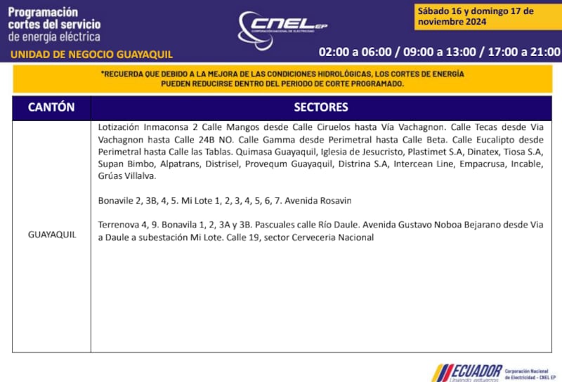 Guayaquil: horarios de cortes de luz de este domingo 17 de noviembre. Imagen: CNEL