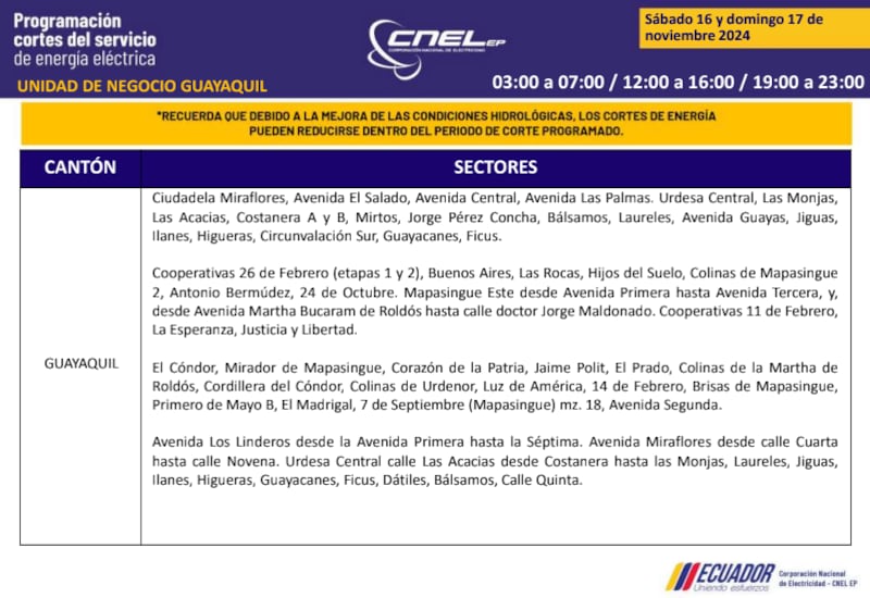 Guayaquil: horarios de cortes de luz de este domingo 17 de noviembre. Imagen: CNEL