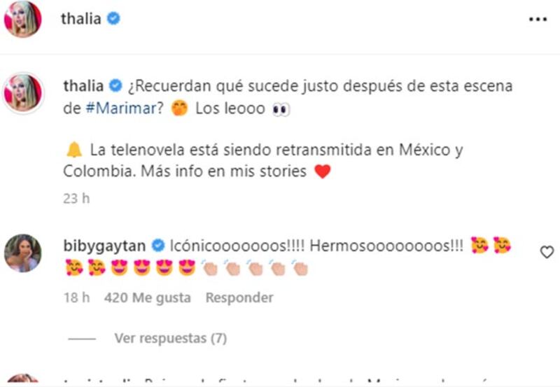 Thalía publica foto de Marimar con Eduardo Capetillo y Biby Gaytán la apoya