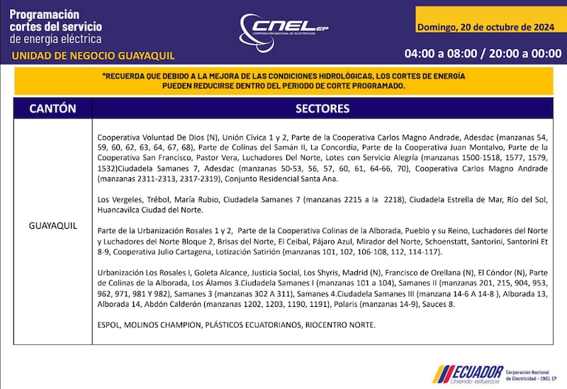 Guayaquil: horarios de cortes de luz para este sábado 19 y domingo 20 de octubre. Imagen: CNEL