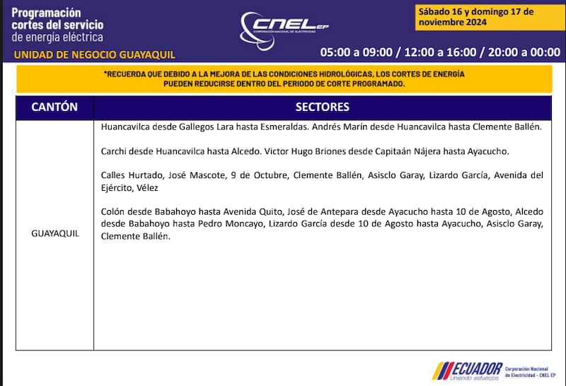 Guayaquil: horarios de cortes de luz de este domingo 17 de noviembre. Imagen: CNEL