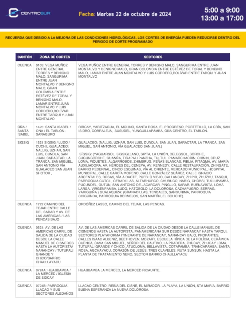 Cuenca corte de luz del 22 de octubre