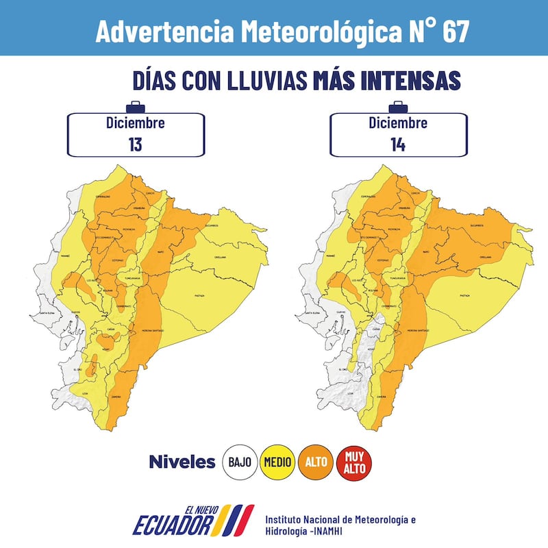 Los días con más lluvias en Ecuador la segunda semana de diciembre