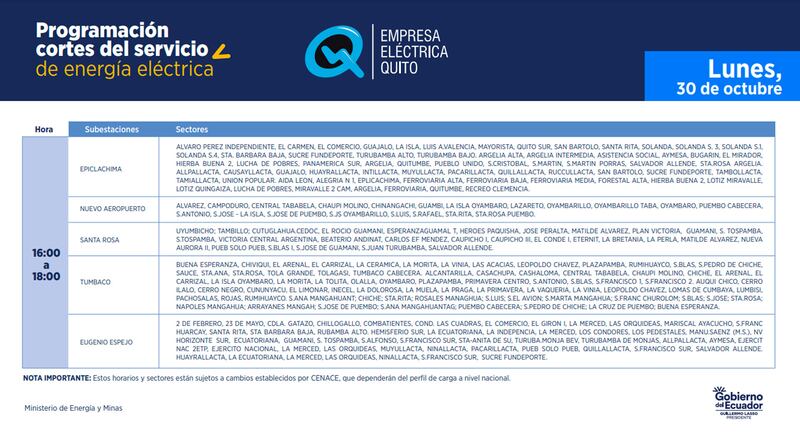 Cronograma de cortes de luz en Quito del 30 de octubre de 2023.