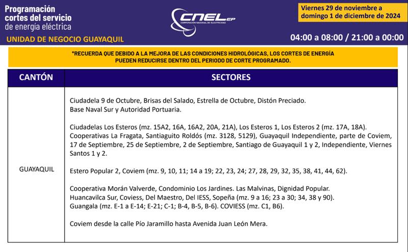 Cortes de luz en Guayaquil hasta el 1 de diciembre