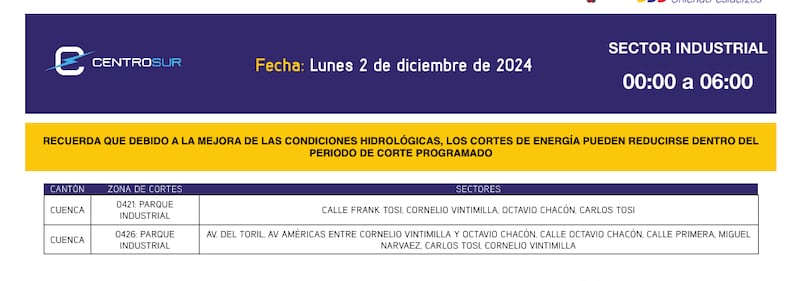 Cuenca: revise el cronograma de cortes de luz de este lunes 2 de diciembre. Imagen: CENTROSUR