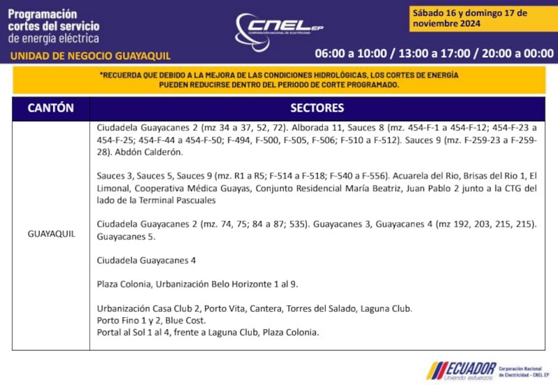 Guayaquil: horarios de cortes de luz de este domingo 17 de noviembre. Imagen: CNEL