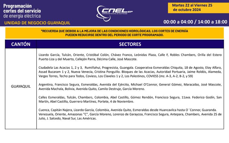 Cortes de luz en Guayaquil del martes 22 al viernes 25 de octubre