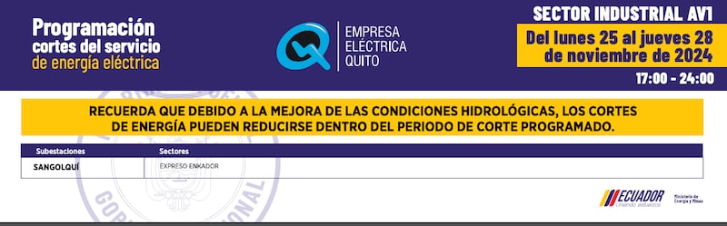 SECTOR INDUSTRIAL cortes de luz en Quito del 25 al 28 de noviembre