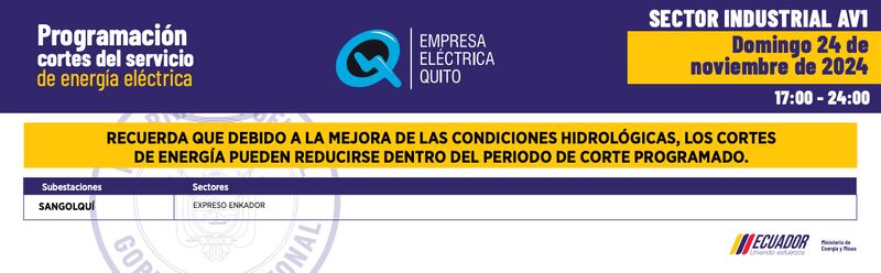 (SECTOR INDUSTRIAL) Cortes de luz en Quito del domingo 24 de noviembre