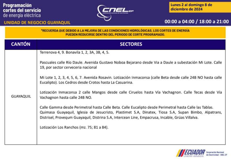 Guayaquil: revise los horarios de cortes de luz del 2 al 8 de diciembre. Imagen: CNEL