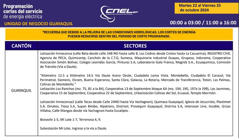 Cortes de luz en Guayaquil del martes 22 al viernes 25 de octubre