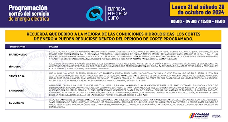 Horarios de corte de luz en Quito hasta el 26 de octubre