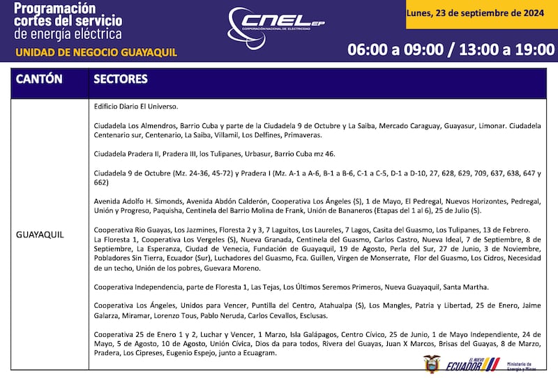 Así quedan los horarios de cortes de luz para Guayaquil.