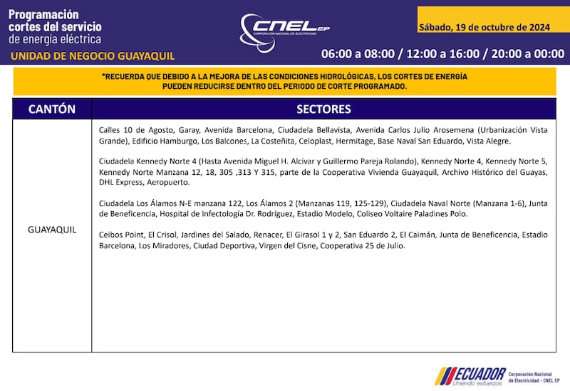 Guayaquil: horarios de cortes de luz para este sábado 19 y domingo 20 de octubre. Imagen: CNEL