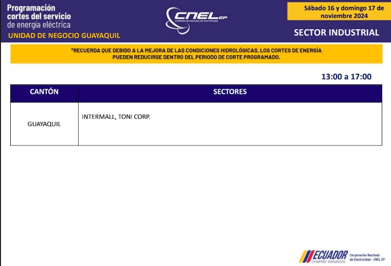 Guayaquil: horarios de cortes de luz de este domingo 17 de noviembre. Imagen: CNEL