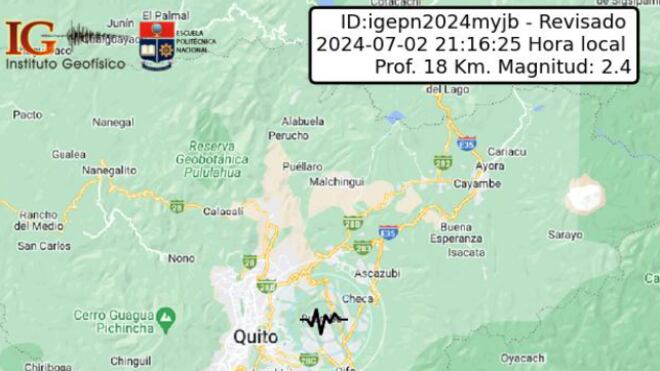 Sismo de 2.4 se registró la noche de este martes 2 de julio a 11.8 kilómetros de Quito