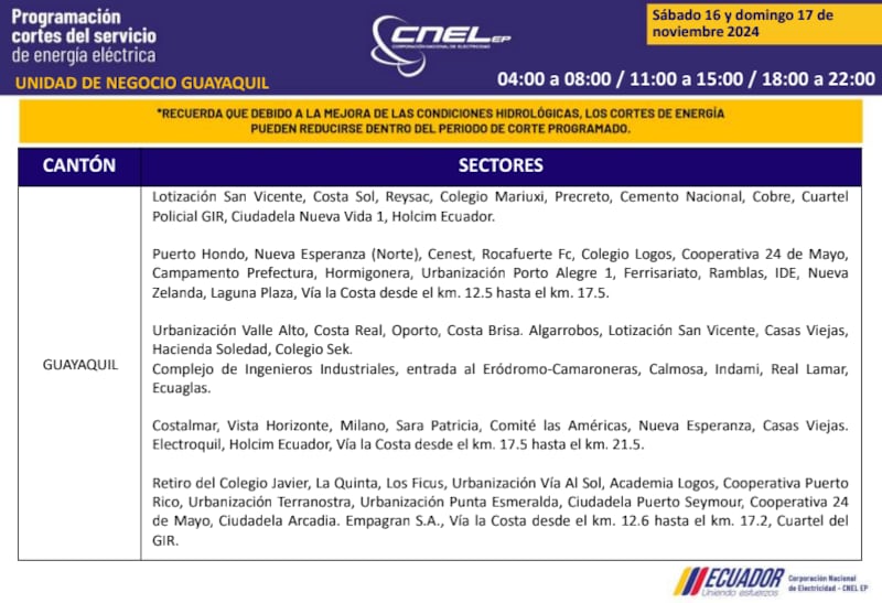 Guayaquil: horarios de cortes de luz de este domingo 17 de noviembre. Imagen: CNEL