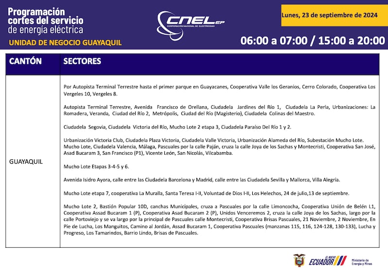 Así quedan los horarios de cortes de luz para Guayaquil