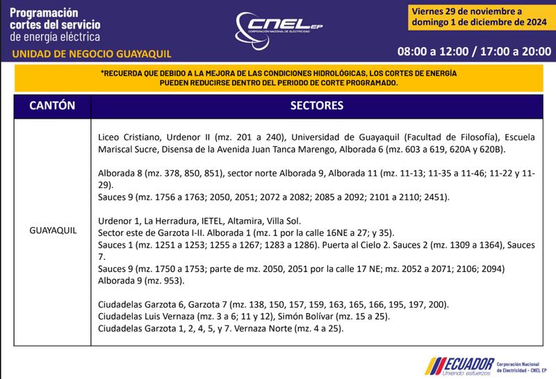 Cortes de luz en Guayaquil hasta el 1 de diciembre