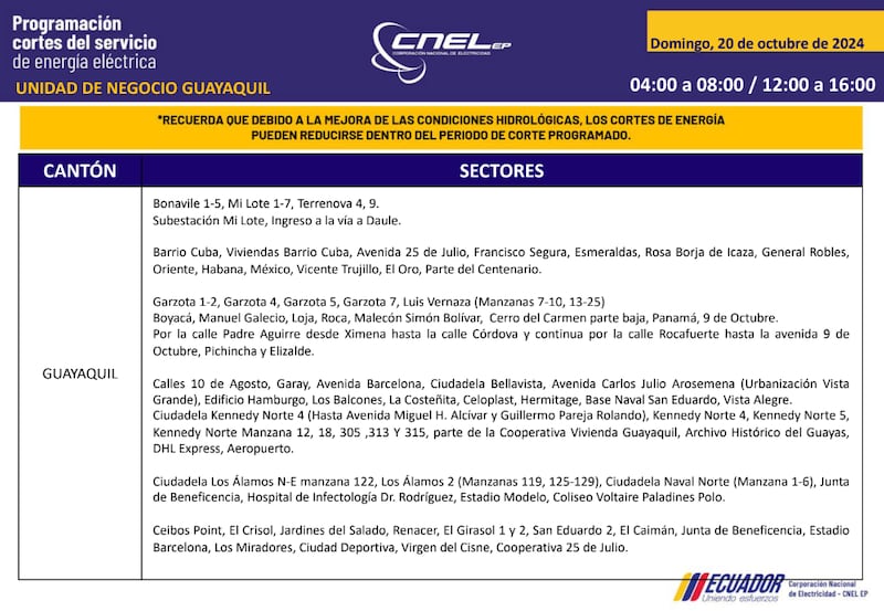 Guayaquil: horarios de cortes de luz para este sábado 19 y domingo 20 de octubre. Imagen: CNEL