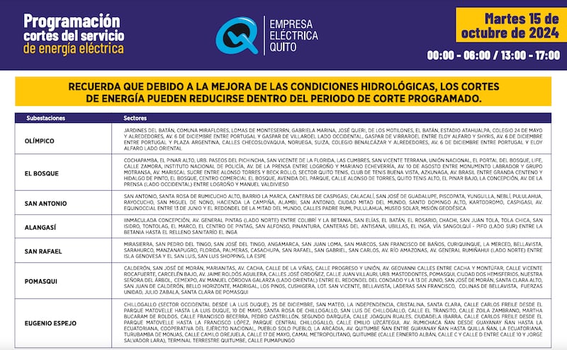 Quito: recuerde los horarios de cortes de luz para este 15 de octubre