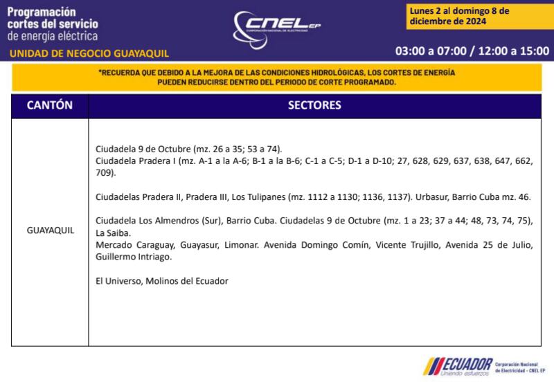 Guayaquil: revise los horarios de cortes de luz del 2 al 8 de diciembre. Imagen: CNEL