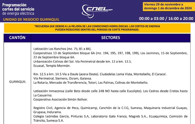 Cortes de luz en Guayaquil hasta el 1 de diciembre
