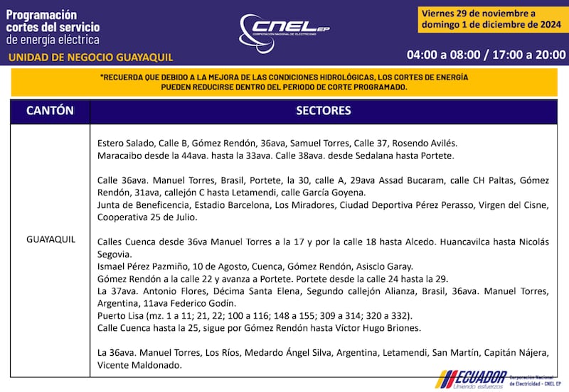 Cortes de luz en Guayaquil hasta el 1 de diciembre