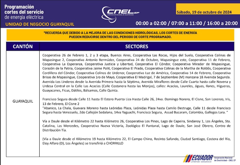 Guayaquil: horarios de cortes de luz para este sábado 19 y domingo 20 de octubre. Imagen: CNEL