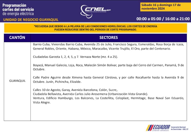 Guayaquil: horarios de cortes de luz de este domingo 17 de noviembre. Imagen: CNEL