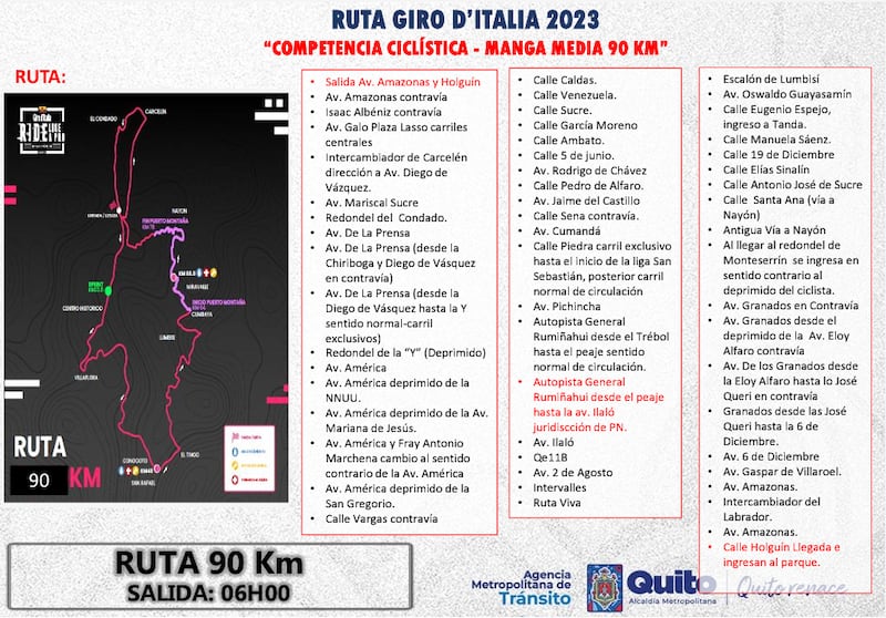 Cierres viales por Giro d´Italia Ride like a Pro Ecuador